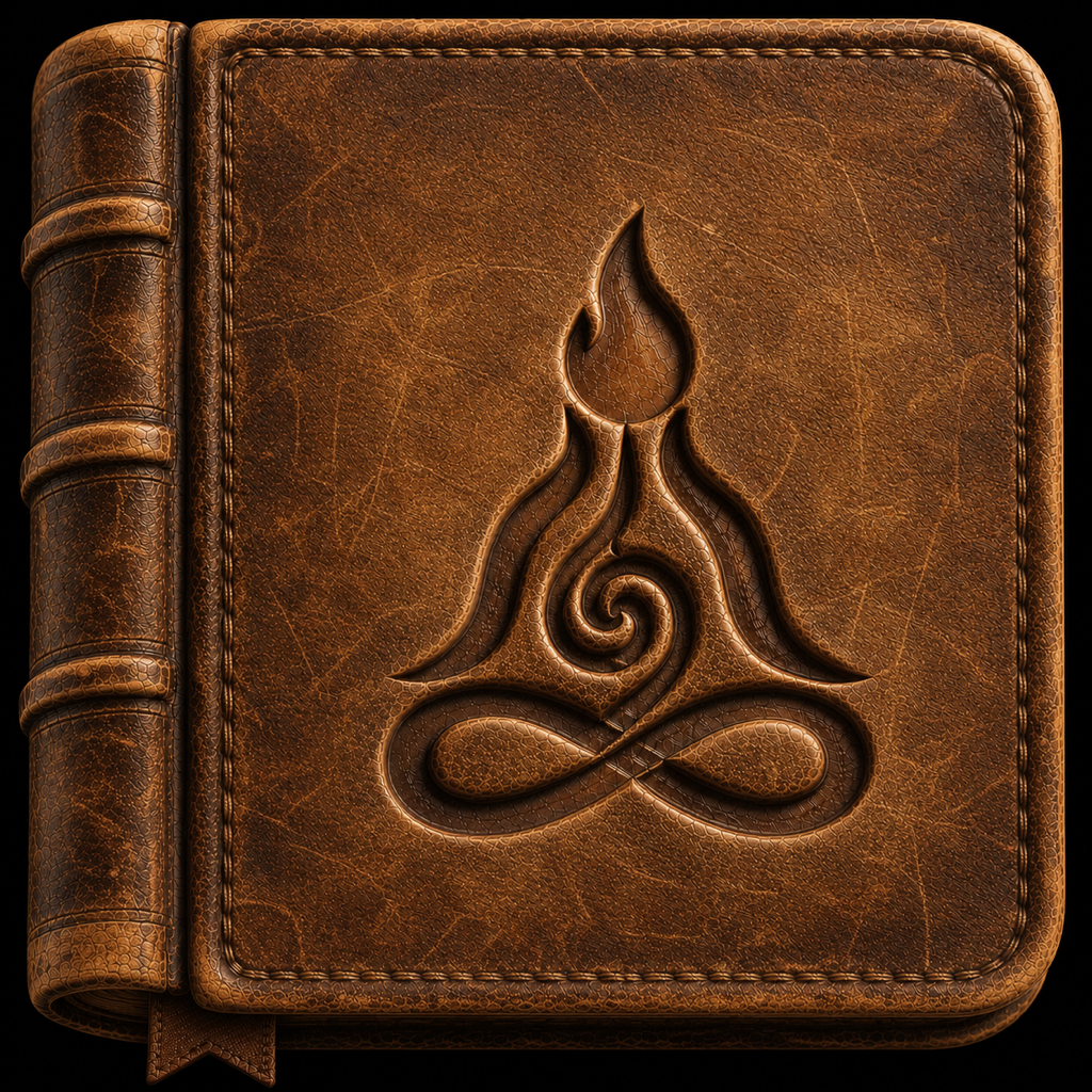Inner Course app icon: a worn leather book embossed with the Moving Truth symbol