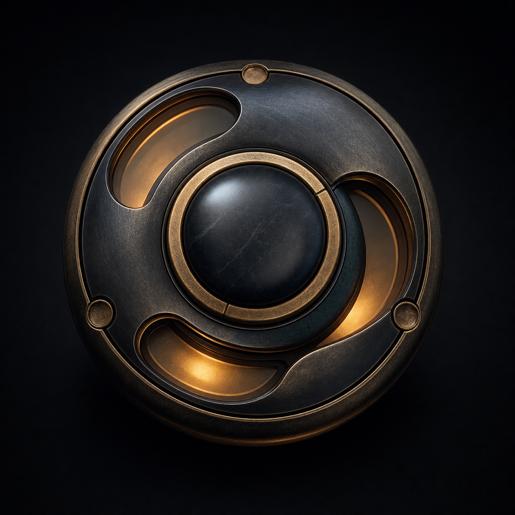 Provisional Inner Play icon: a dark metal kinetic dial glowing warmly from within