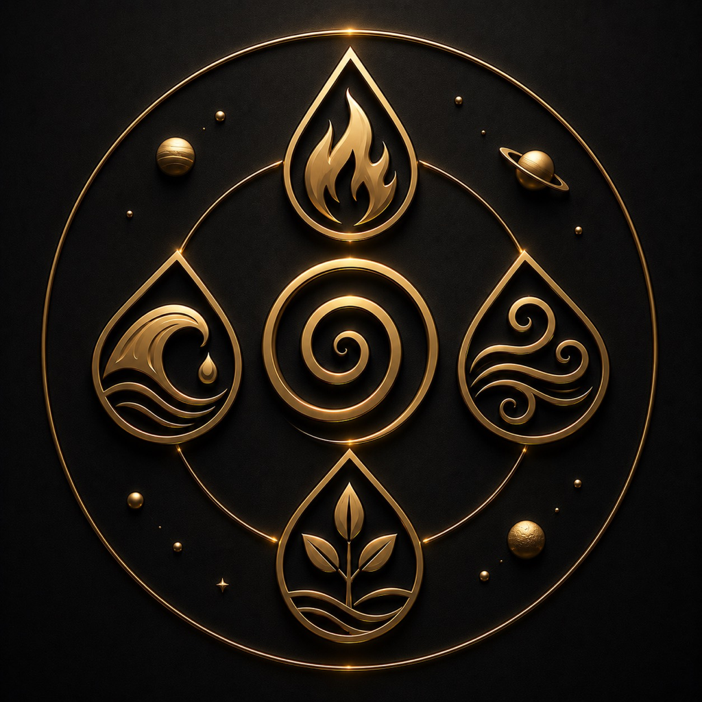 Inner Sign app icon: four golden elemental symbols surrounding a central spiral on a dark field